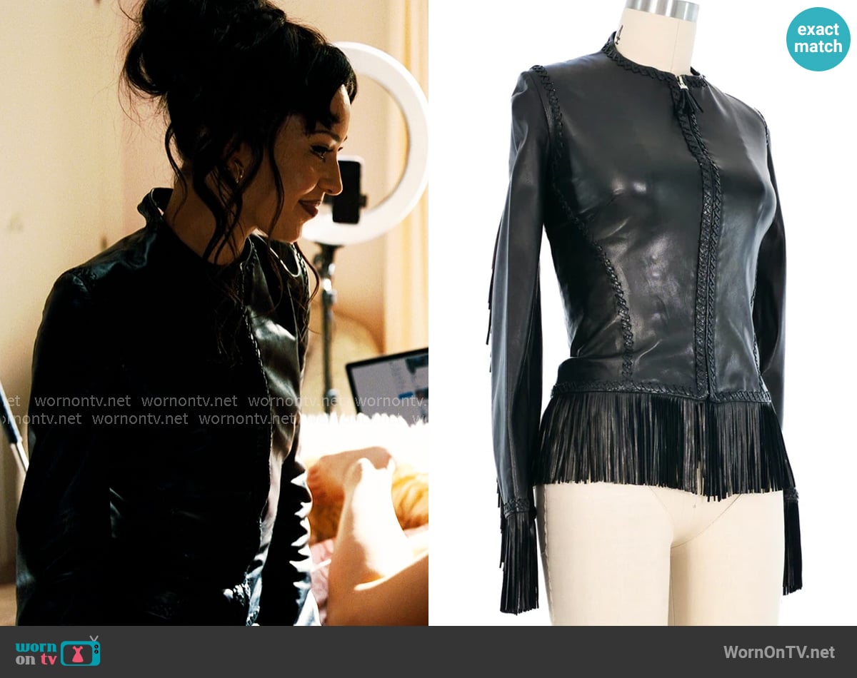 Versace 2002 Fringe Trimmed Lace Up Leather Jacket worn by Maddy Perez (Alexa Demie) on Euphoria