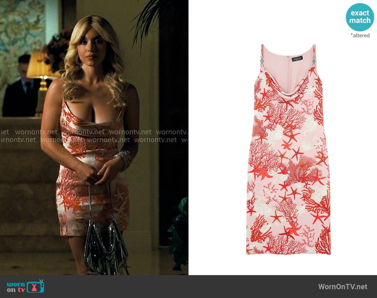 Versace Barocco Sea silk slip dress worn by Cassie Howard (Sydney Sweeney) on Euphoria