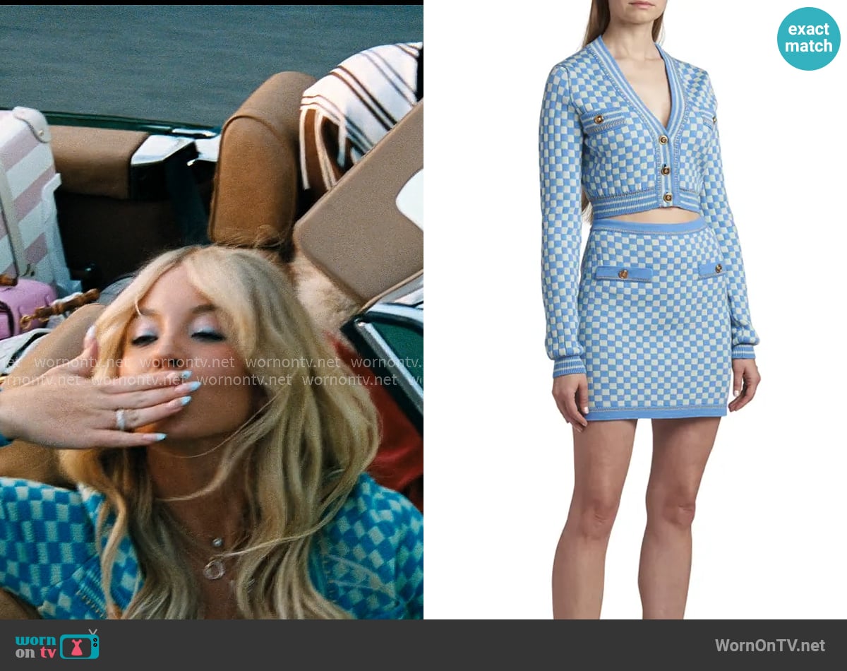 Versace Checked Wool Cardigan worn by Cassie Howard (Sydney Sweeney) on Euphoria