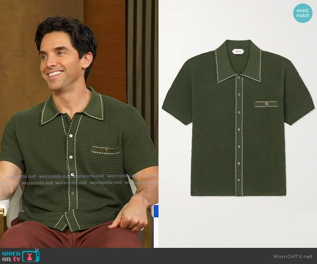 Versace Cotton Knit Button-Down Sweater in Dark Olive worn by Paul Downs on Good Morning America