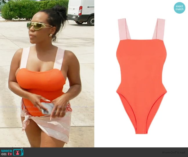 Versace Greca Border one-piece swimsuit worn by Kelli Ferrell on The Real Housewives of Atlanta