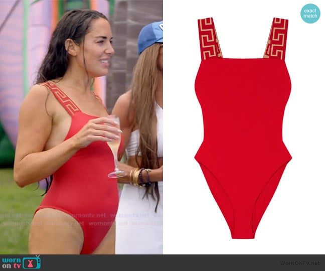 Versace Greca Border one-piece swimsuit worn by Rosie DiMare on The Real Housewives of Rhode Island