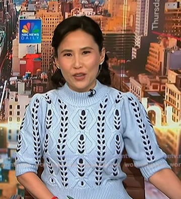 vicky’s blue open knit sweater on NBC News Daily
