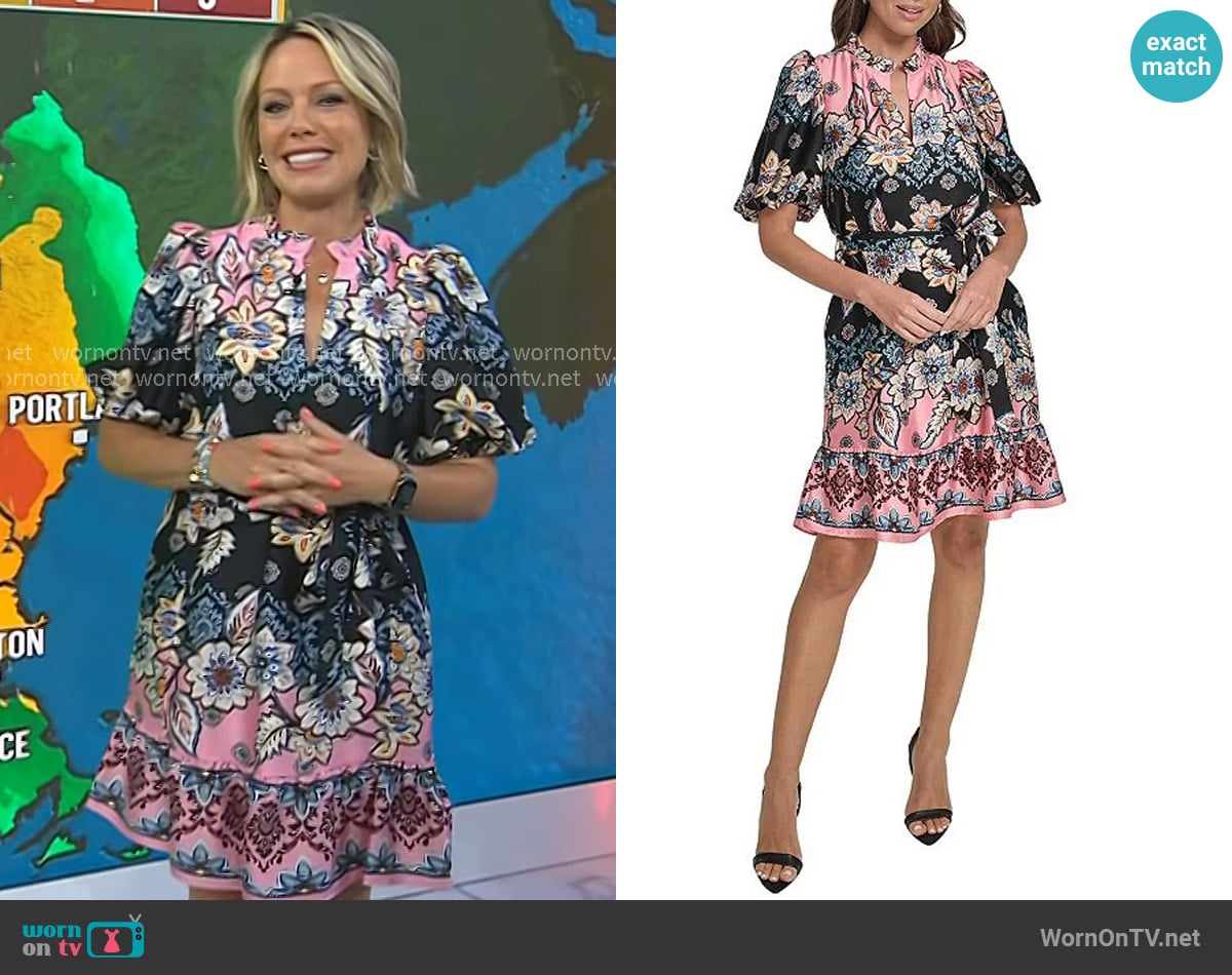 Vince Camuto Floral Print Split V-Neck Short Sleeve Ruffle A-Line Dress in Pink Multi worn by Dylan Dreyer on Today
