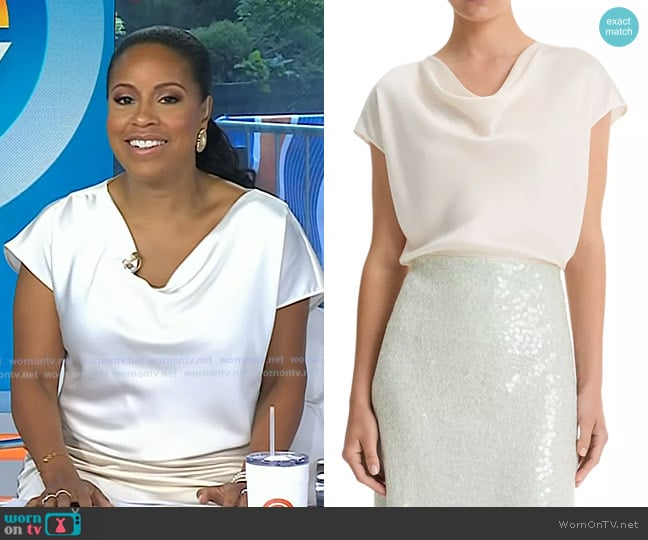 Vince Cowl-Neck Cap-Sleeve Satin Blouse in Off White worn by Sheinelle Jones on Today