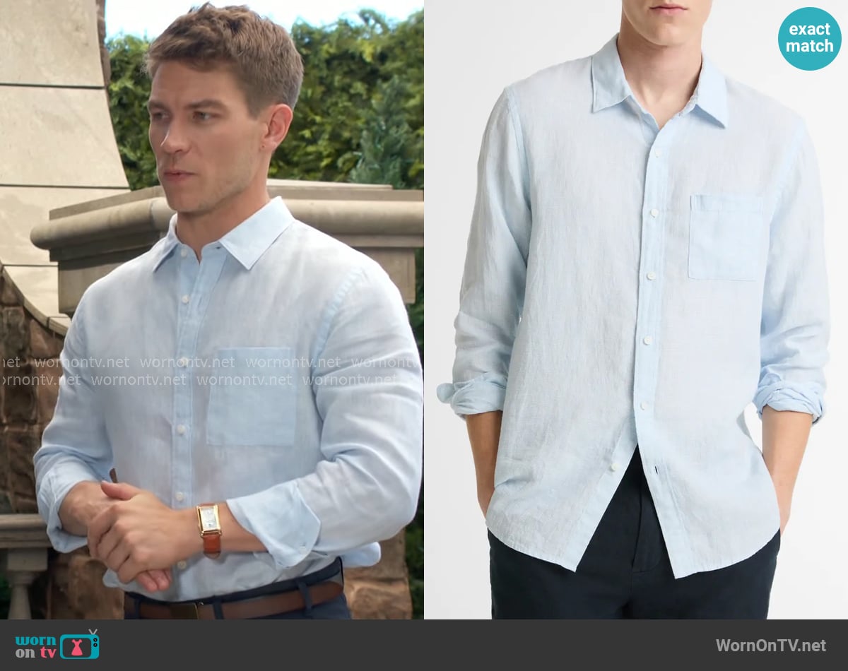 Vince Houndstooth Linen Shirt in Rainwater / Optic White worn by Noah Newman (Lucas Adams) on The Young and the Restless