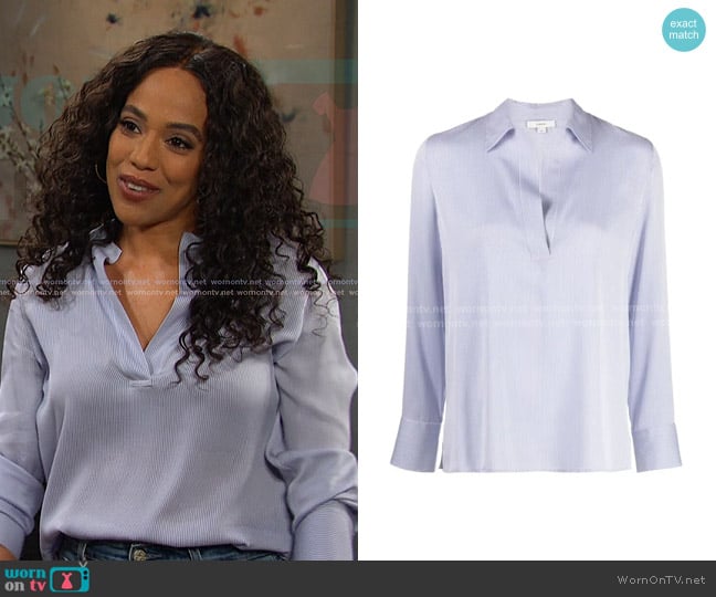 Vince Micro Stripe Stretch Silk Popover Shirt worn by Jada Hunter (Elia Cantu) on Days of our Lives