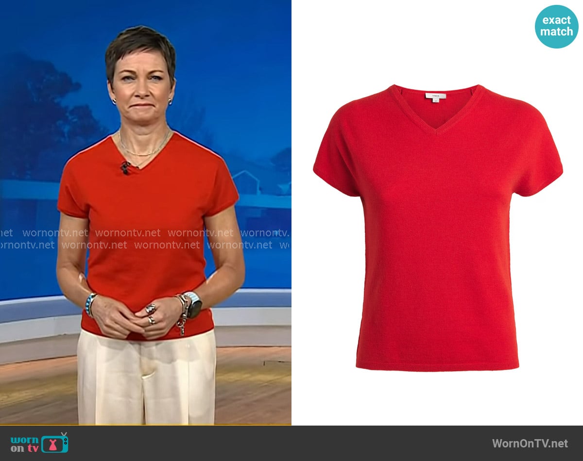 Stephanie’s red v-neck short sleeve sweater on Today Stephanie’s red v-neck short sleeve sweater on Today
