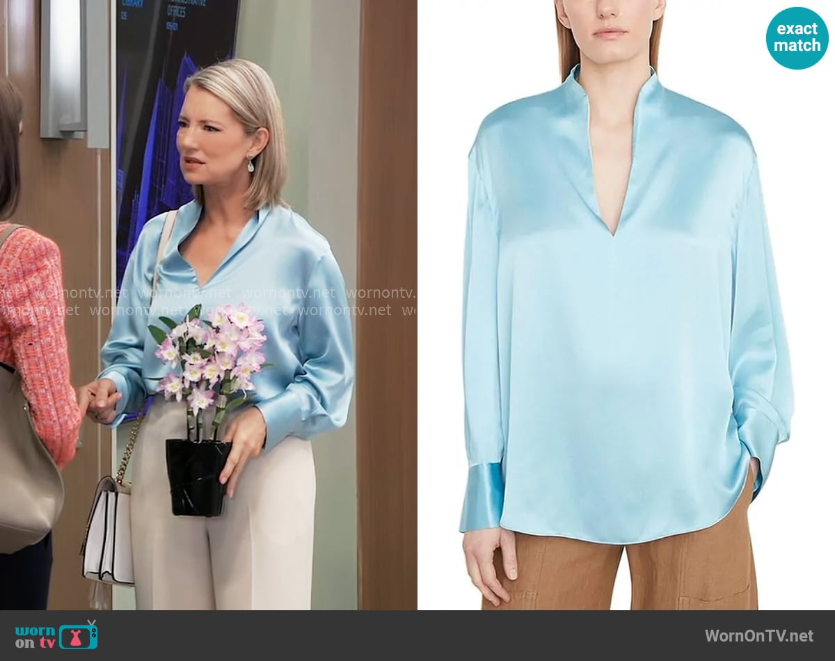 Vince Slit Neck Silk Blouse worn by Nina Reeves (Cynthia Watros) on General Hospital