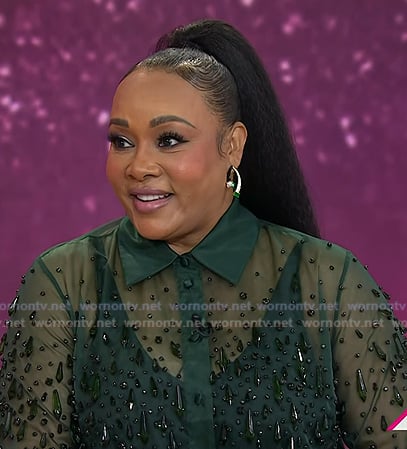 Vivica A. Fox’s green embellished sheer shirt on Today