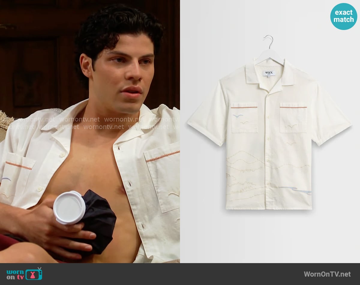 Wax London Didcot Ecru Summer Applique Short-Sleeve Shirt worn by RJ Forrester (Brayan Nicoletti) on The Bold and the Beautiful