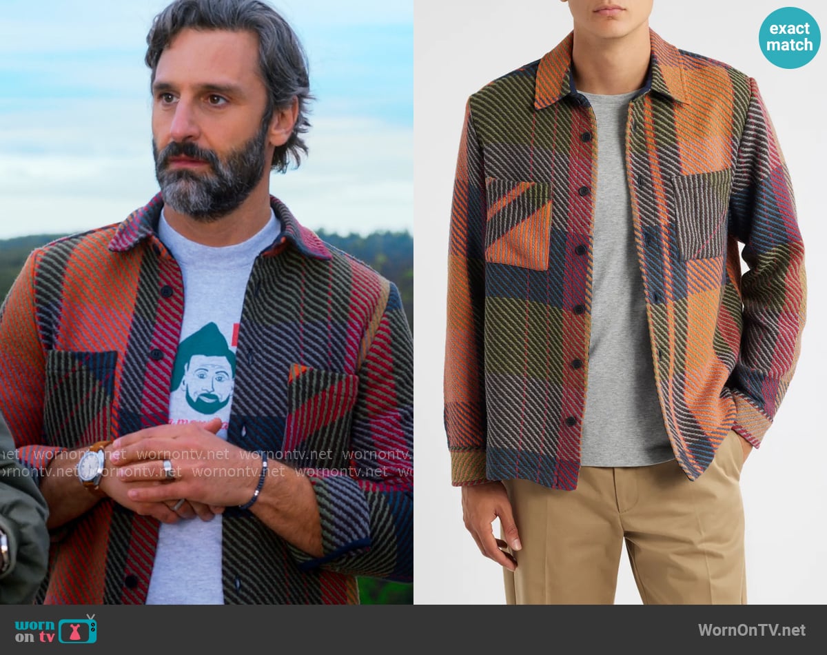 Wax London Whiting Tempo Exploded Plaid Cotton Blend Button-Up Overshirt worn by Claude (Marco Calvani) on The Four Seasons