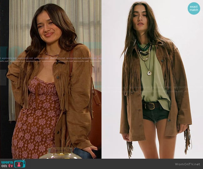 We The Free Fringe Out Vegan Suede Jacket in Toasted Coconut worn by Arianna Horton (Marissa Reyes) on Days of our Lives