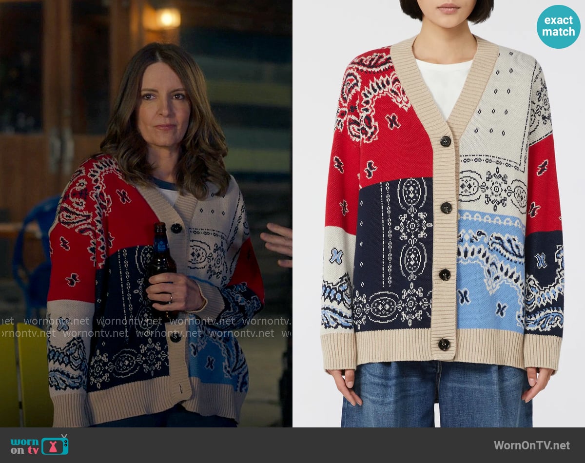 Weekend Max Mara Baobab Mixed Print Cotton Cardigan worn by Kate (Tina Fey) on The Four Seasons