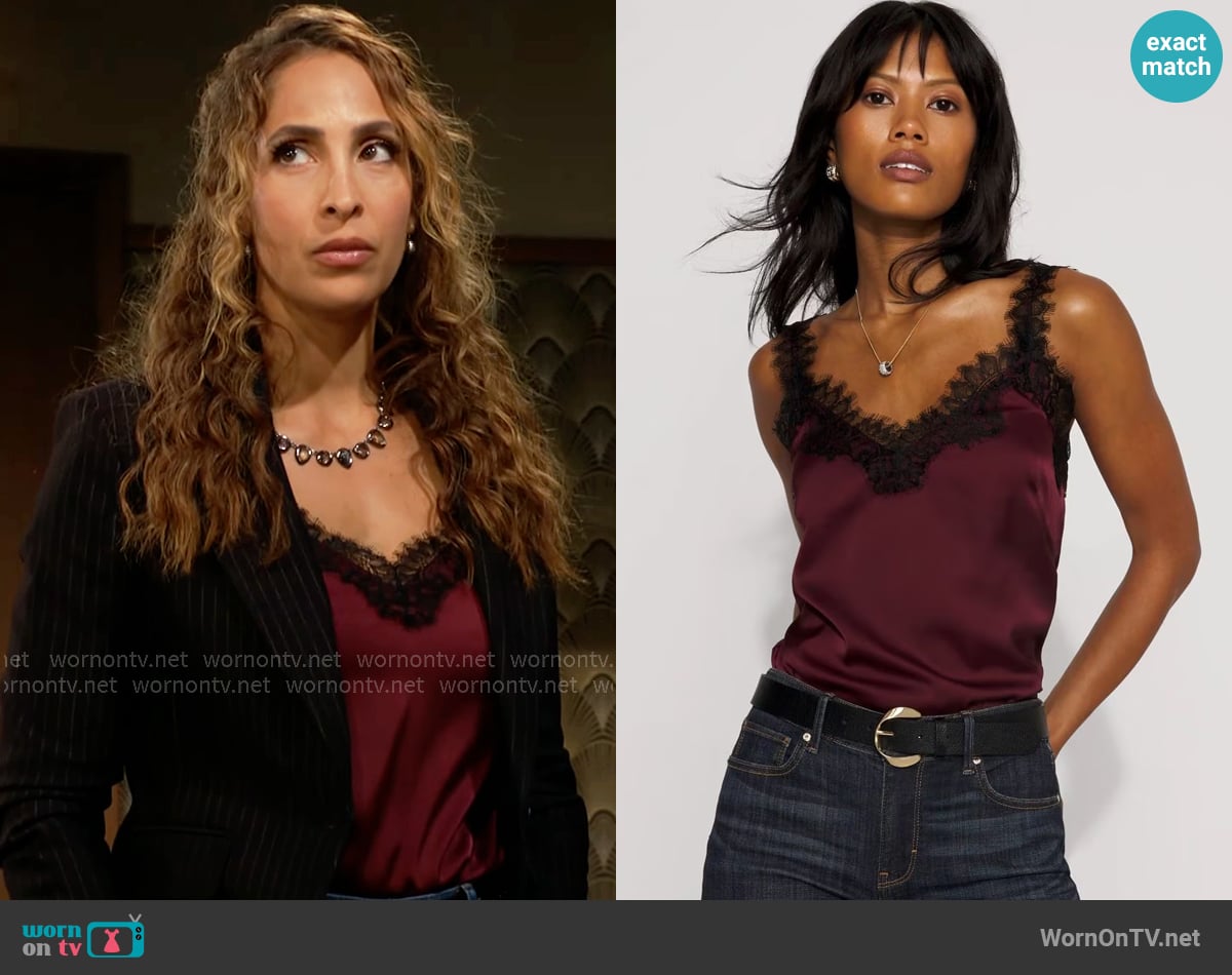 Lily’s red lace-trim top on The Young and the Restless Lily’s red lace-trim top on The Young and the Restless