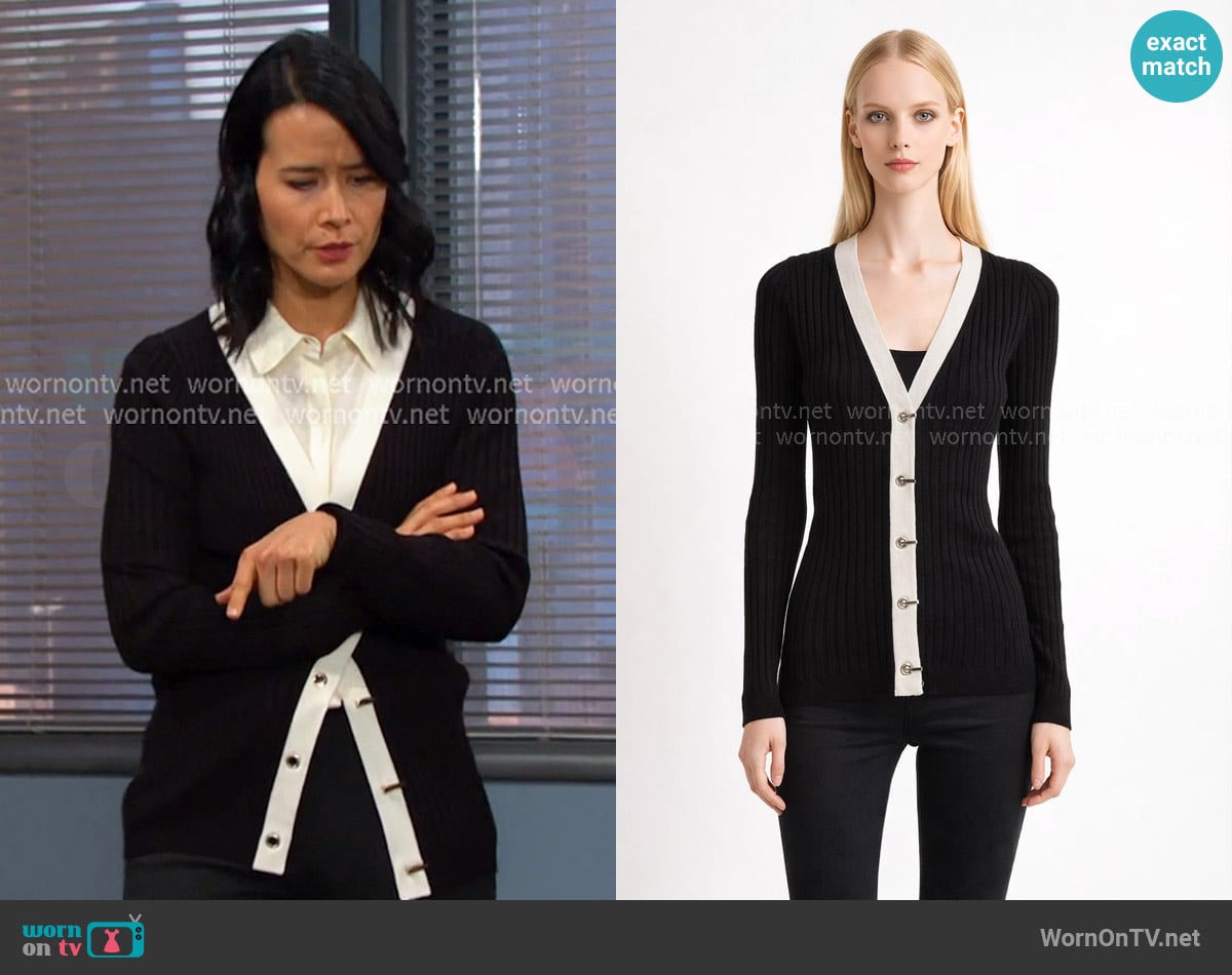 White House Black Market Tipped Ribbed Metal Toggle Cardigan Sweater worn by Amy Choi  (Shi Ne Nielson) on Days of our Lives