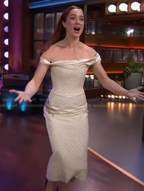 Whitney Leavitt’s polka dot off shoulder dress on The Kelly Clarkson Show