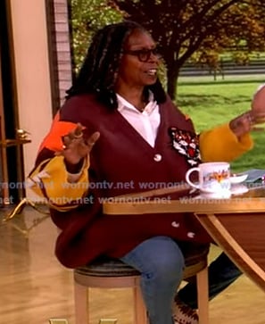 Whoopi’s brown tiger print cardigan on The View