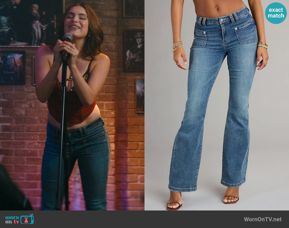 Windsor Walk This Way Mid Rise Flare Denim Jeans worn by Hannah Wells (Ella Bright) on Off Campus
