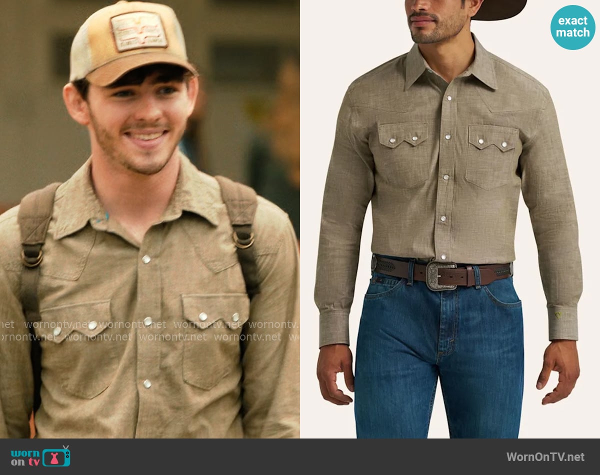 Wrangler Cody Johnson Olive Long Sleeve Western Shirt worn by Carter (Finn Little) on Dutton Ranch