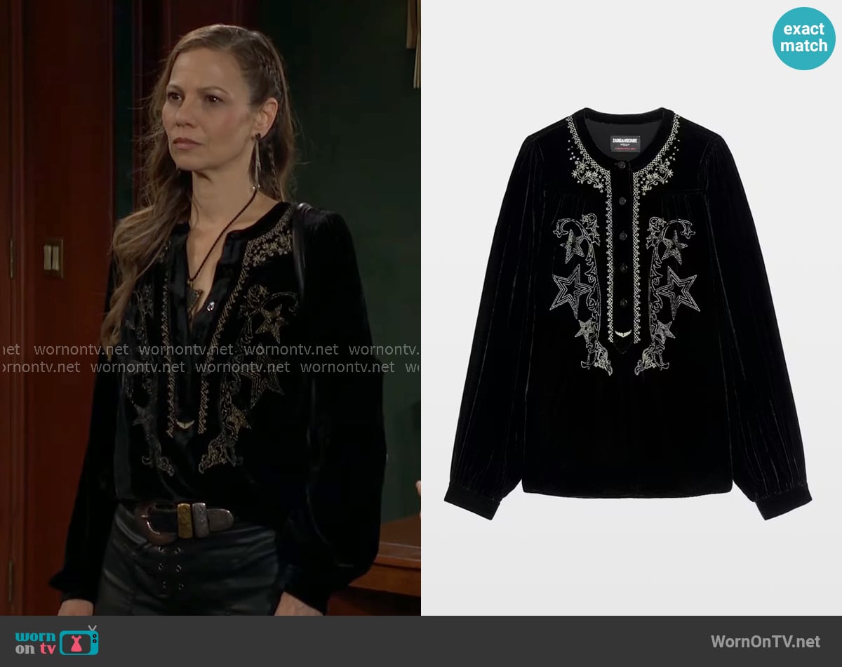 Zadig and Voltaire Tigy Blouse worn by Sienna Bacall (Tamara Braun) on The Young and the Restless