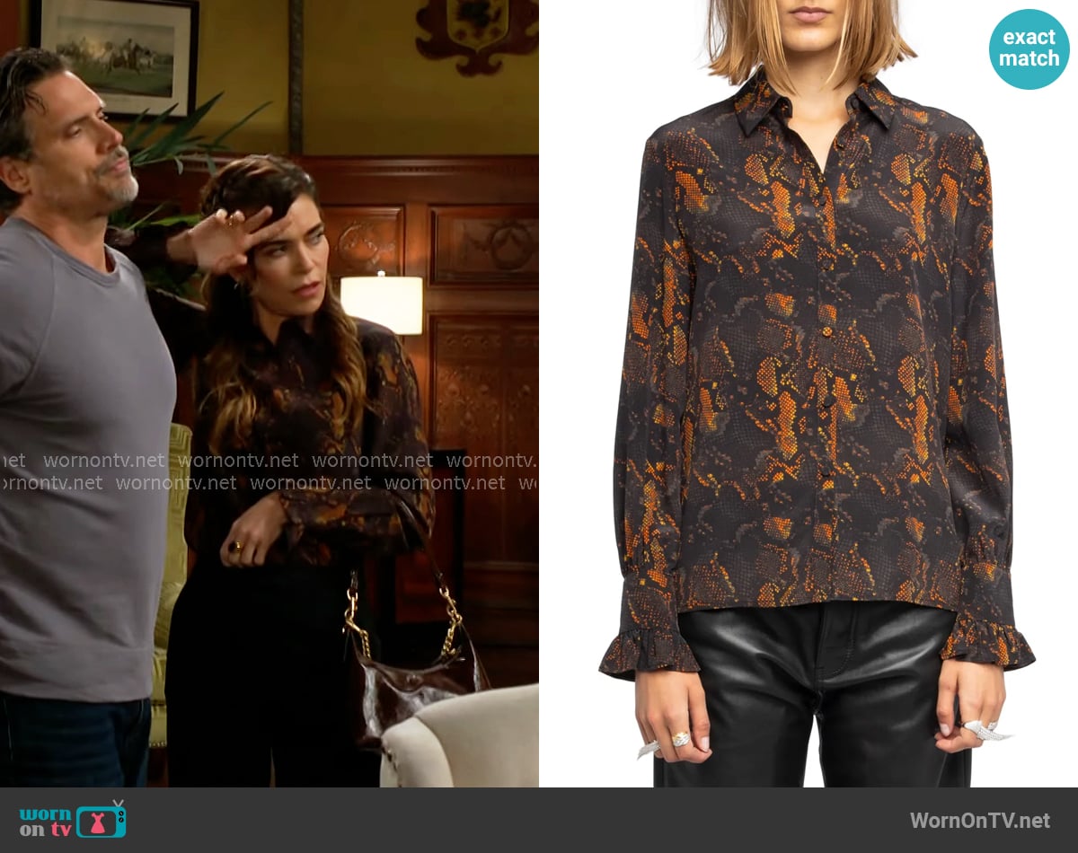 Zadig & Voltaire Thely Python Print Silk Button-Up Shirt worn by Victoria Newman (Amelia Heinle) on The Young and the Restless