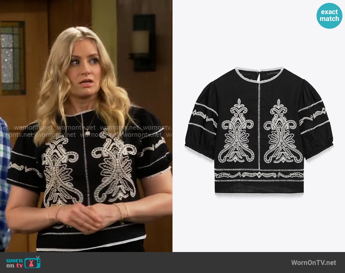 Zara Contrast Embroidery Blouse worn by Gemma (Beth Behrs) on The Neighborhood