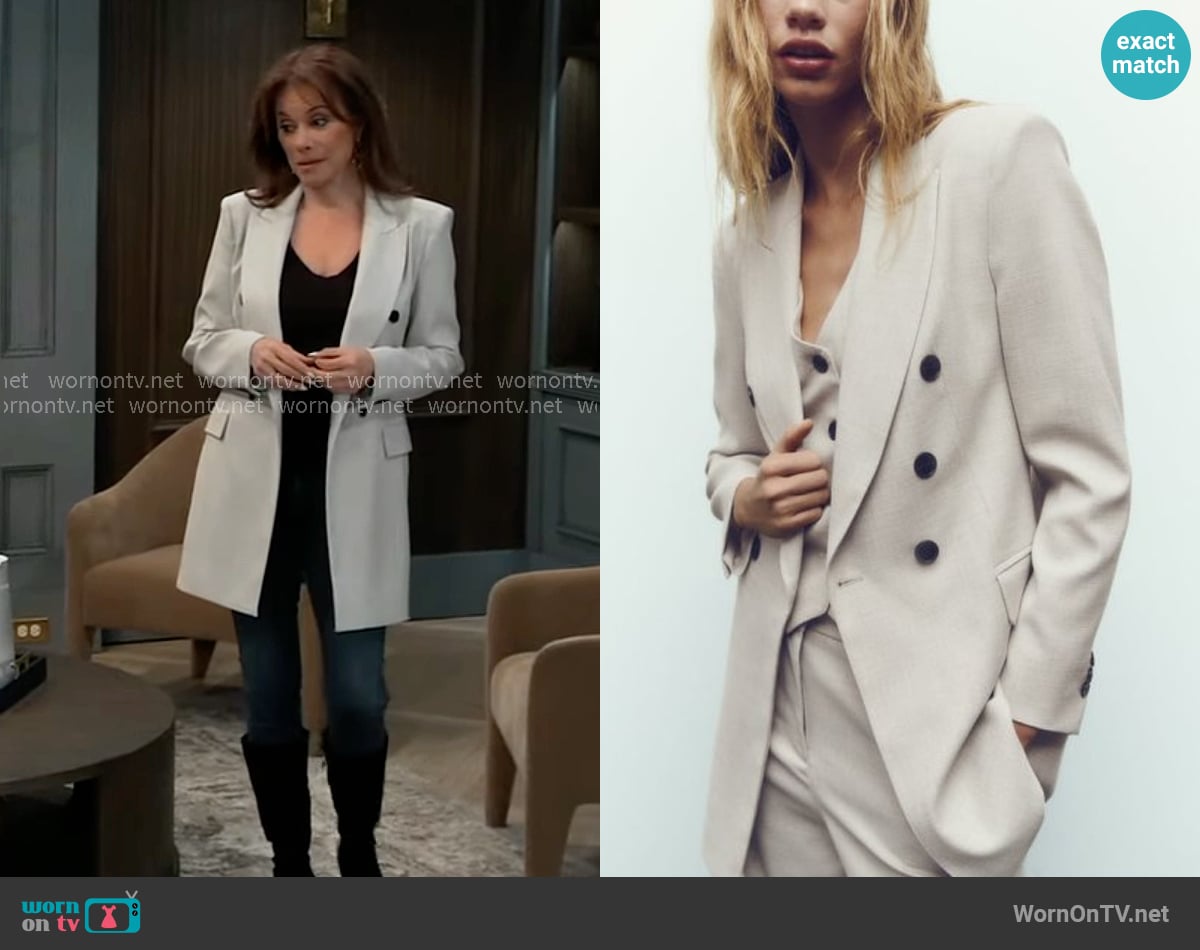 Zara Double Breasted Longline Blazer worn by Alexis Davis (Nancy Lee Grahn) on General Hospital