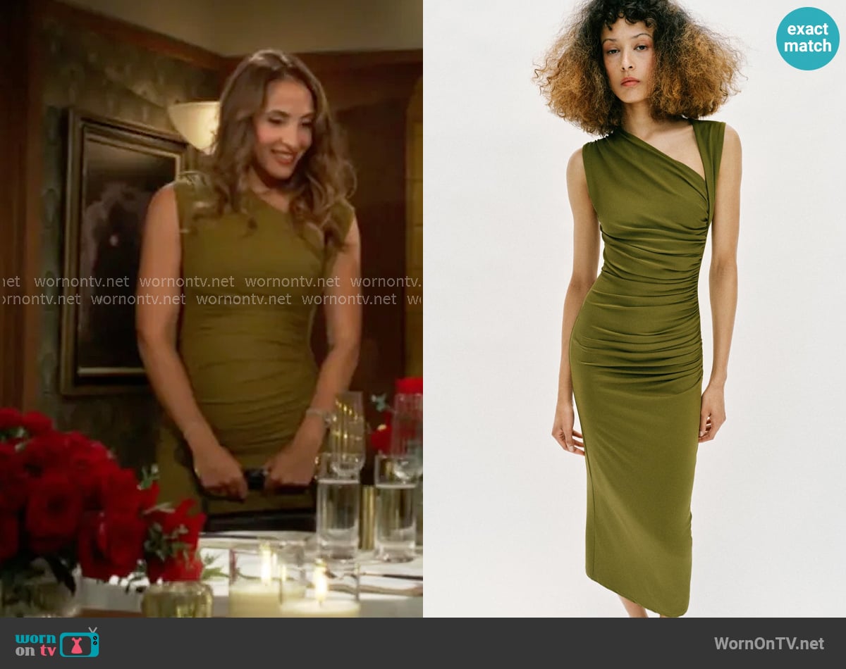 Zara Draped Midi Dress in Olive worn by Lily Winters (Christel Khalil) on The Young and the Restless