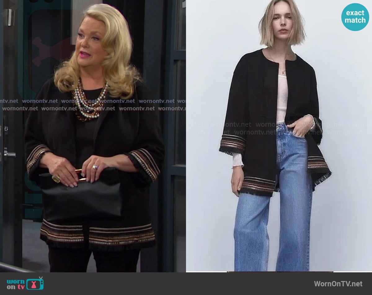 Zara Faux Suede Embroidered Open Front Jacket worn by Anna DiMera (Leann Hunley) on Days of our Lives
