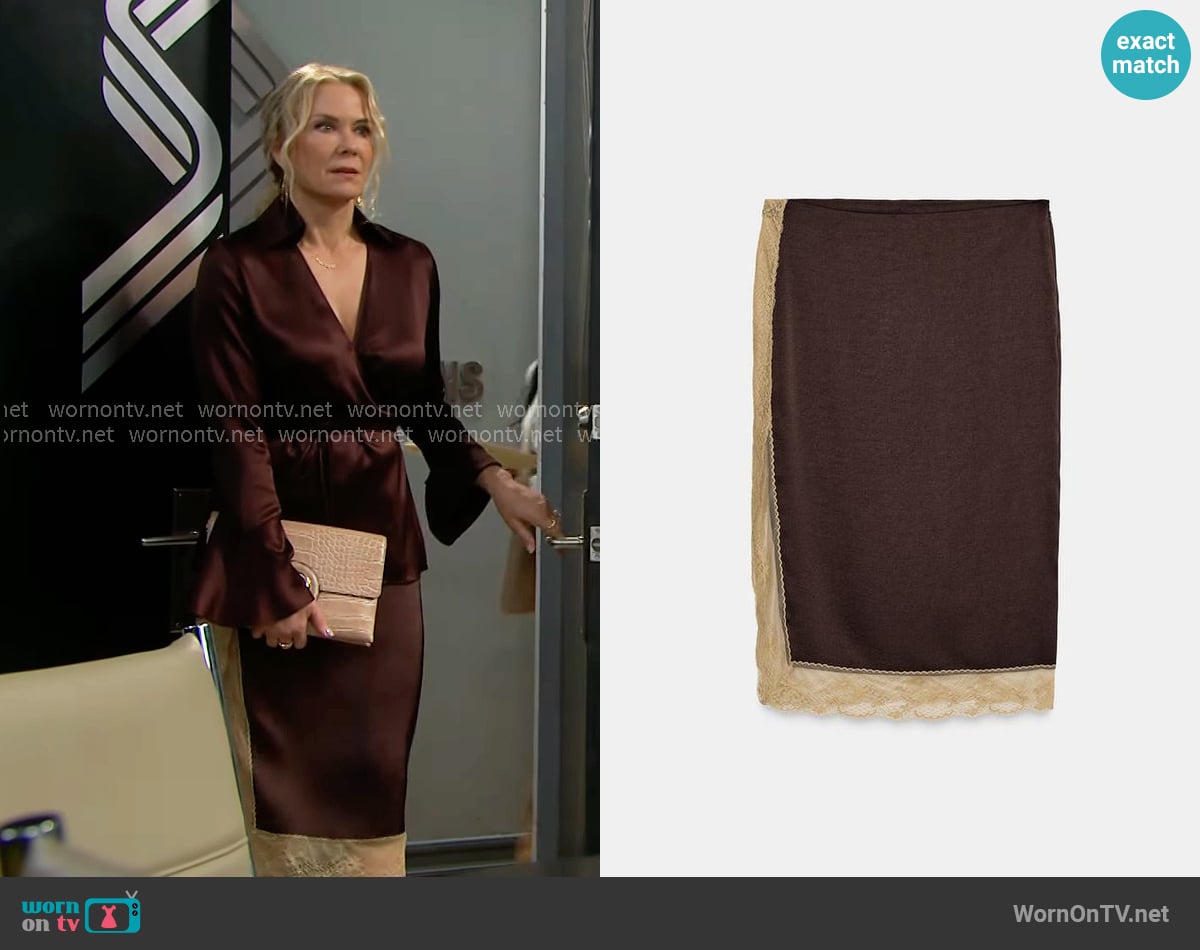 Zara Lace Midi Skirt worn by Brooke Logan (Katherine Kelly Lang) on The Bold and the Beautiful