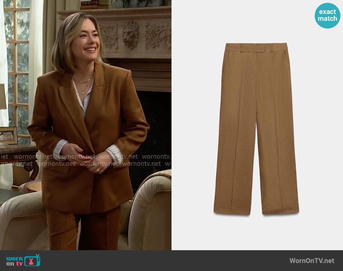Zara Linen Blend Straight Leg Pants in Caramel worn by Hope Logan (Annika Noelle) on The Bold and the Beautiful