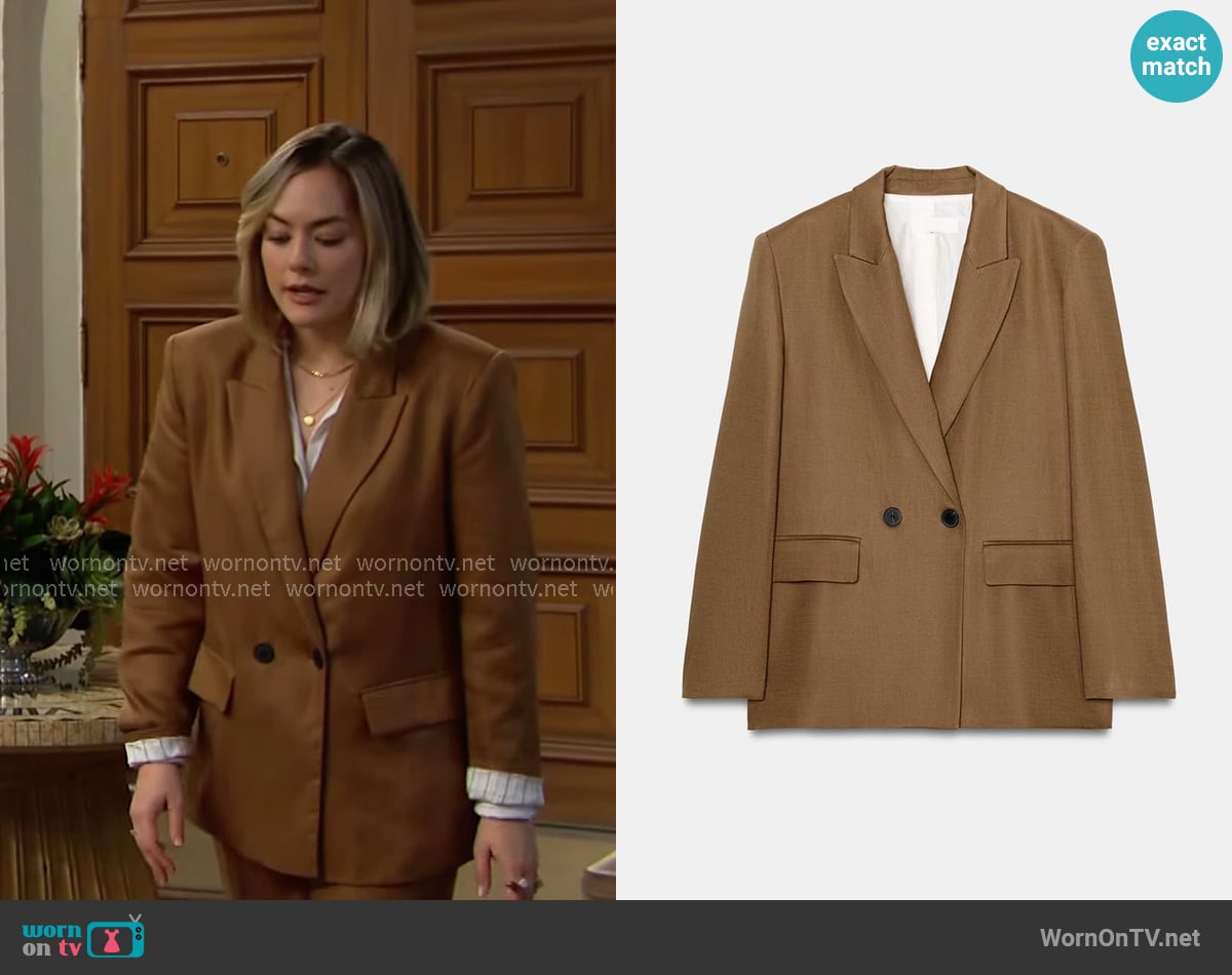 Zara Linen Double Breasted Blazer with Rolled Up Sleeves in Caramel worn by Hope Logan (Annika Noelle) on The Bold and the Beautiful