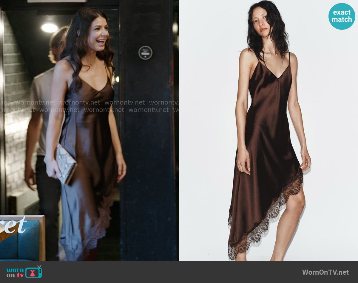 Zara Satin Effect Lace Dress in Dark Mink worn by Yvonne Najor on In The City