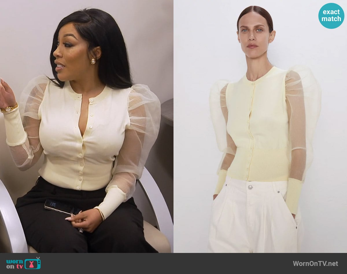 Zara Yellow Organza Sleeve Cardigan worn by Kimberly Michelle Pate on The Real Housewives of Atlanta