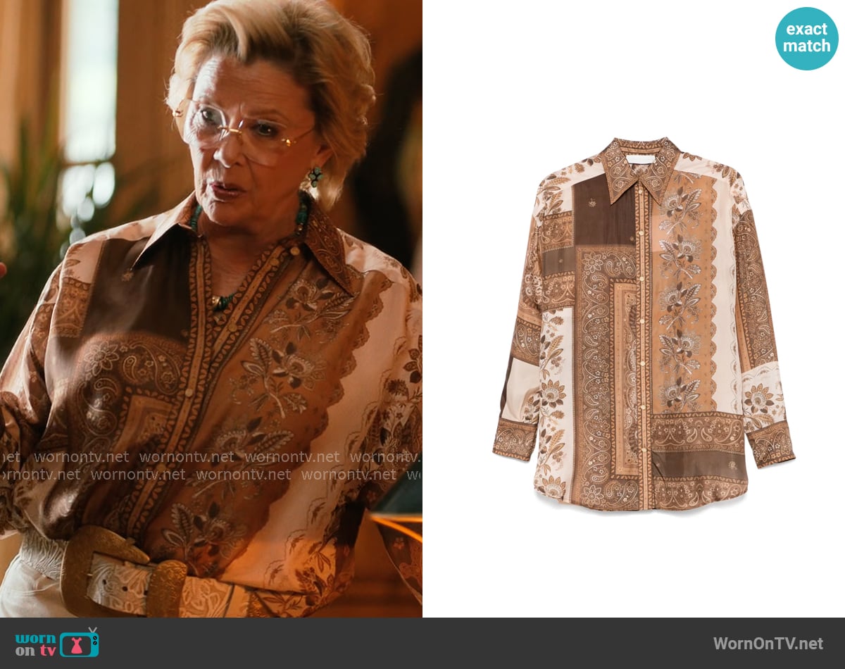 Zimmermann Lucky silk shirt worn by Beulah Jackson (Annette Bening) on Dutton Ranch