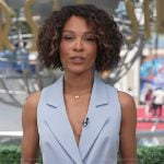 Zuri's blue vest and pants on Access Hollywood