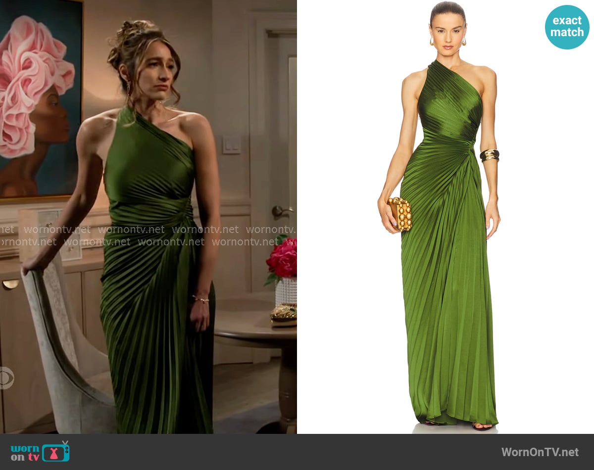 Ashley’s green pleated one-shoulder dress on Beyond the Gates Ashley’s green pleated one-shoulder dress on Beyond the Gates