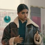 Abby’s leather and shearling jacket with yellow tote bag on Not Suitable For Work