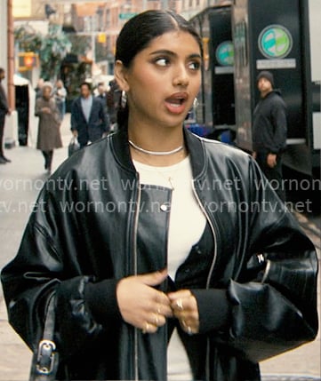 Abby’s long leather bomber jacket on Not Suitable For Work