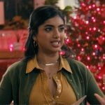 Abby’s mustard button front shirt and cardigan on Not Suitable For Work