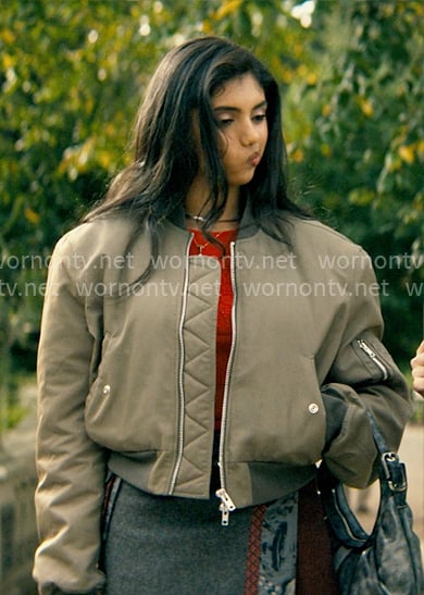 Abby’s olive bomber jacket on Not Suitable For Work