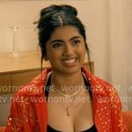 Abby's red embellished shirt on Not Suitable For Work