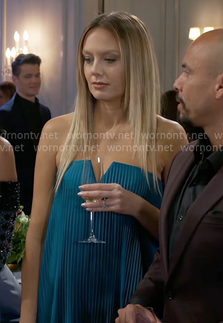 Abby’s teal pleated strapless dress on Beyond the Gates
