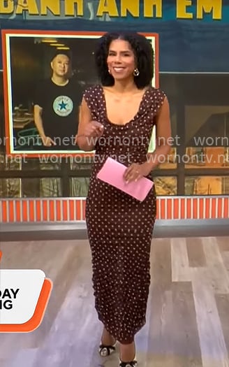 Adriana Diaz’s brown polka dot maxi dress on CBS Mornings