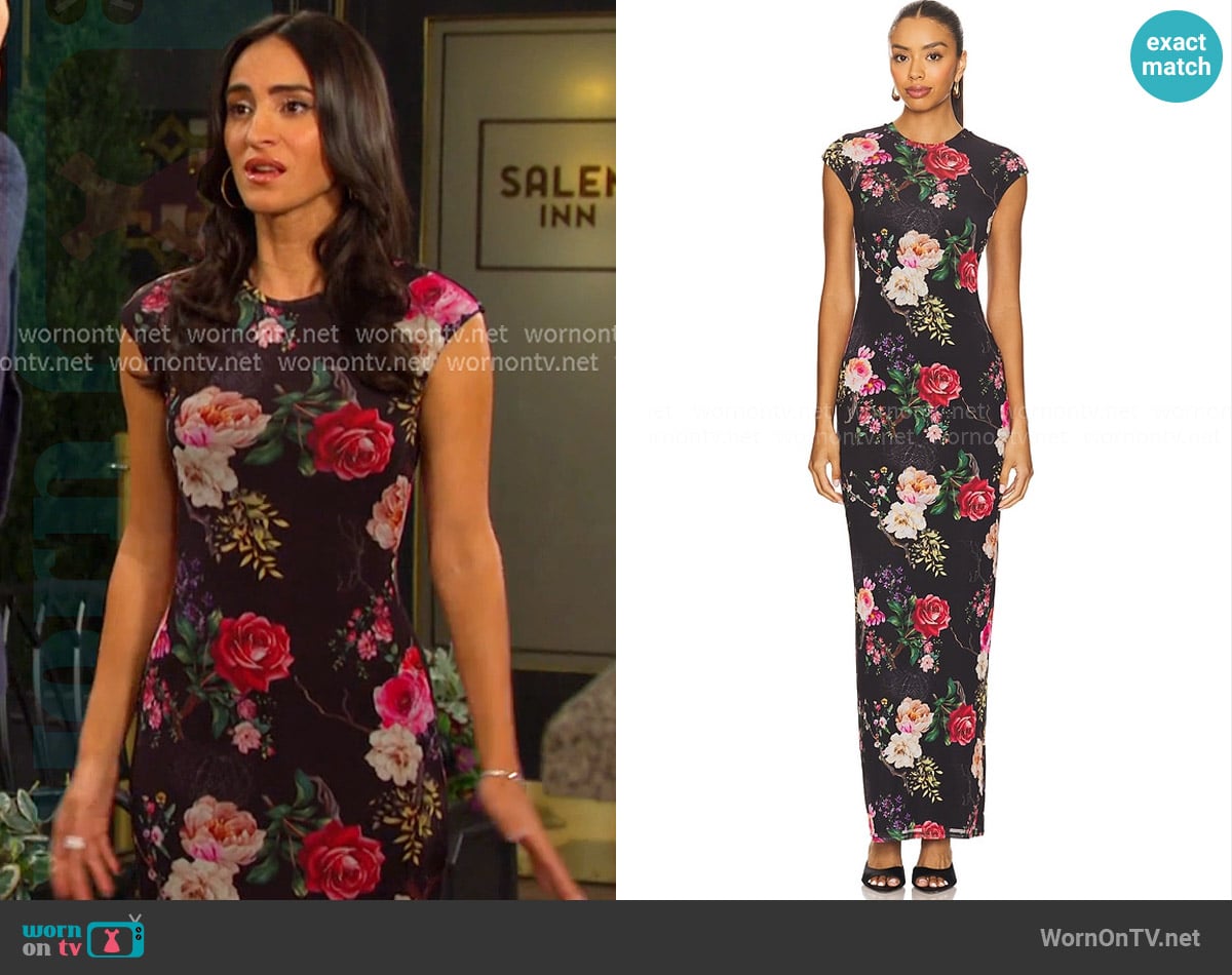 AFRM Cody Dress in Noir Summer Rose worn by Gabi Hernandez (Cherie Jimenez) on Days of our Lives