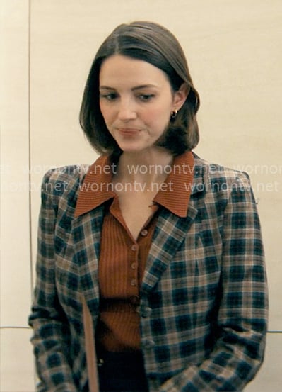 AJ’s brown ribbed polo top and plaid blazer on Not Suitable For Work