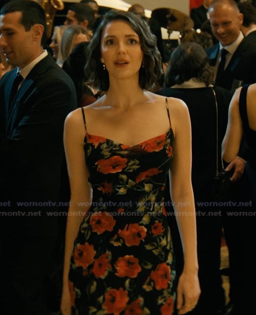 AJ’s floral satin dress on Not Suitable For Work