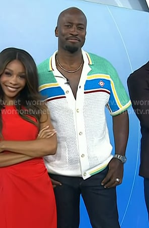 Akbar Gbajabiamila’s colorblock crochet shirt on Today