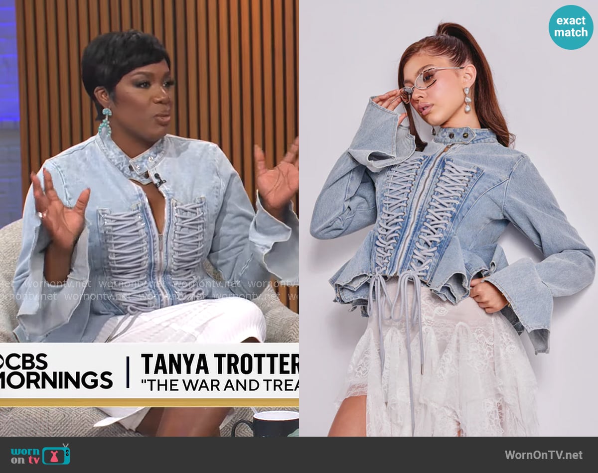 Tanya Trotter’s denim lace-up jacket on CBS Mornings Tanya Trotter’s denim lace-up jacket on CBS Mornings